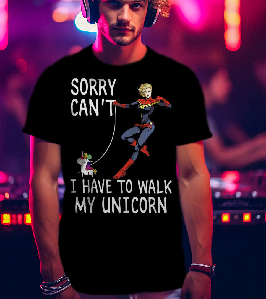 Captain Marvel Sorry Can't I Have To Walk My Unicorn T-Shirt