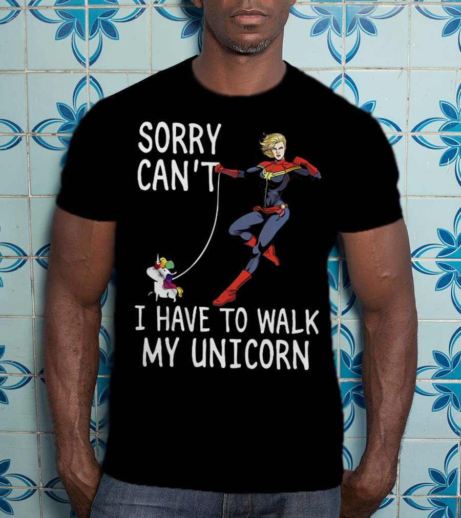 Captain Marvel Sorry Can't I Have To Walk My Unicorn T-Shirt
