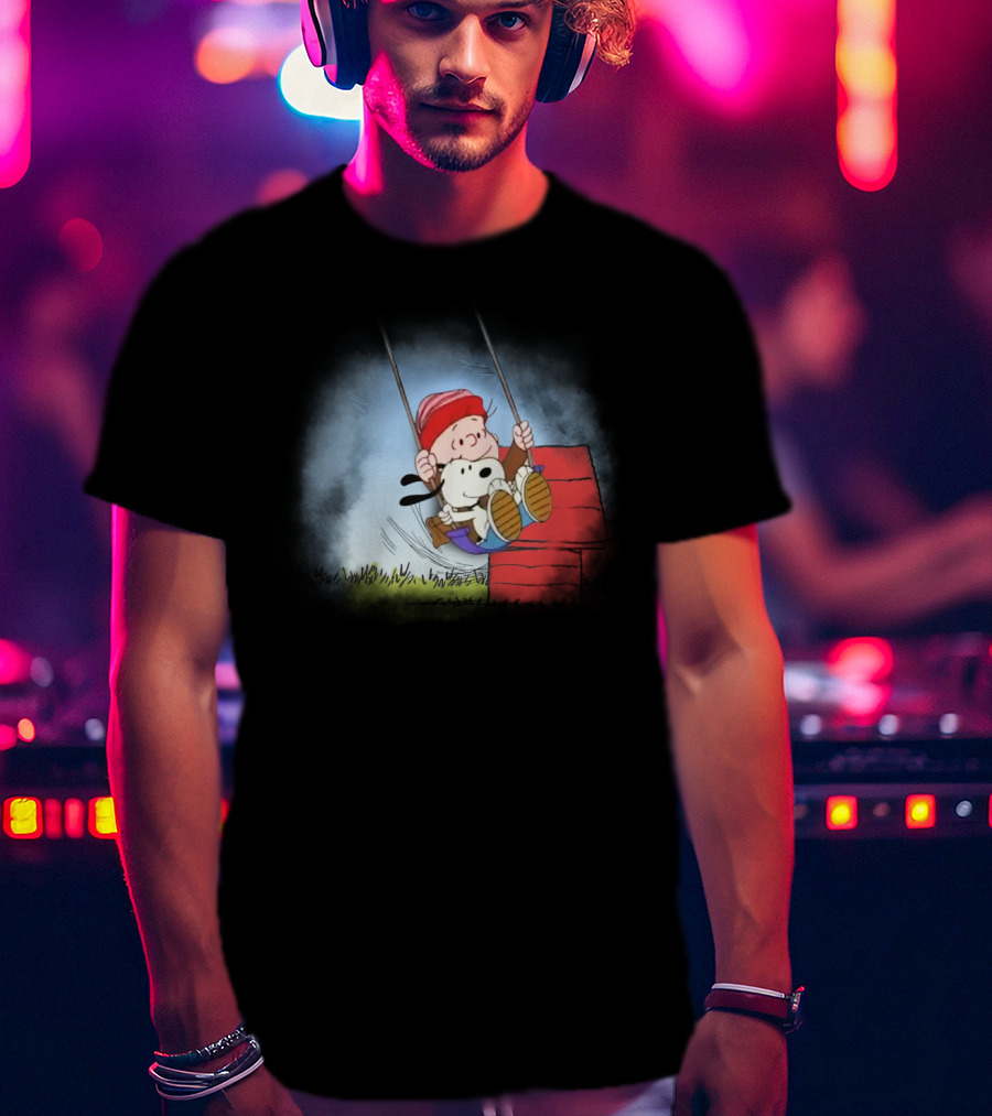 Charlie Brown And Snoopy Swinging On Doghouse T-Shirt