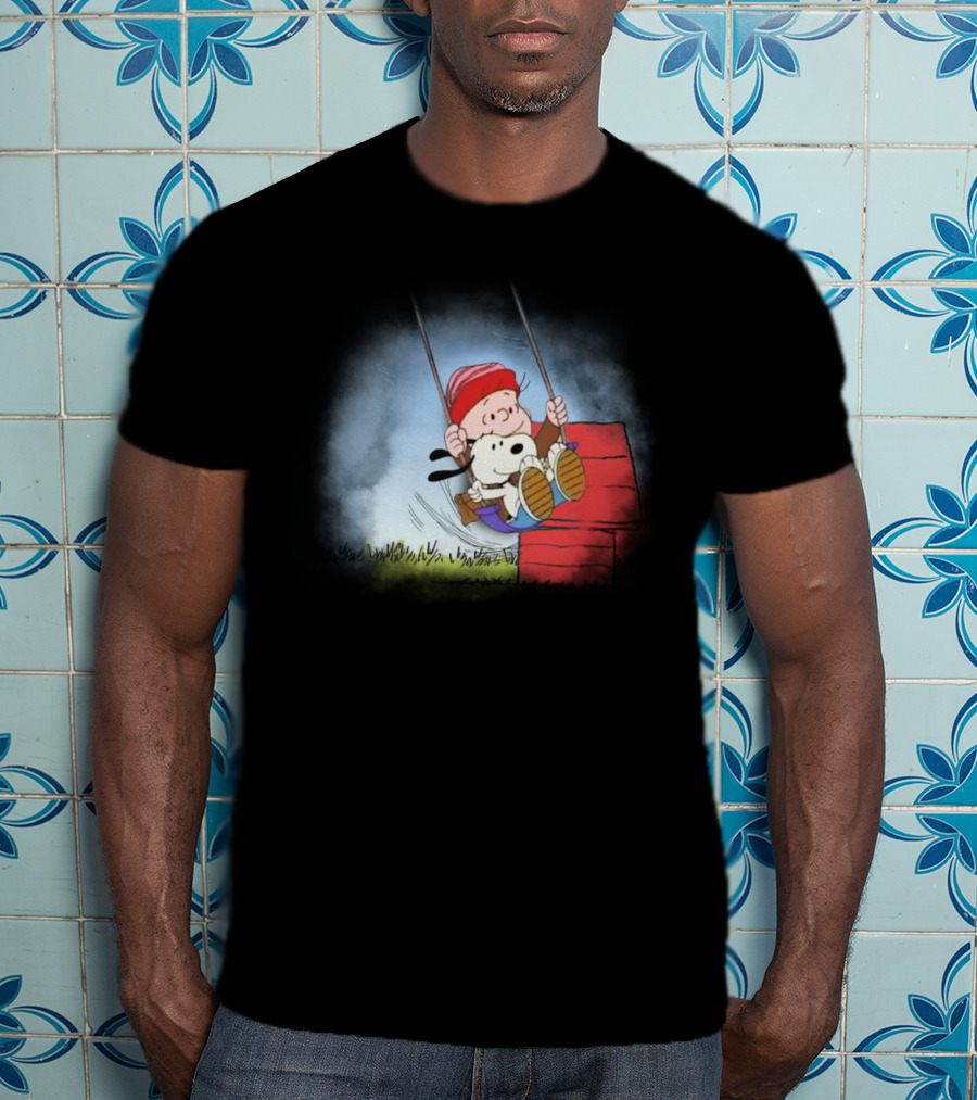 Charlie Brown And Snoopy Swinging On Doghouse T-Shirt
