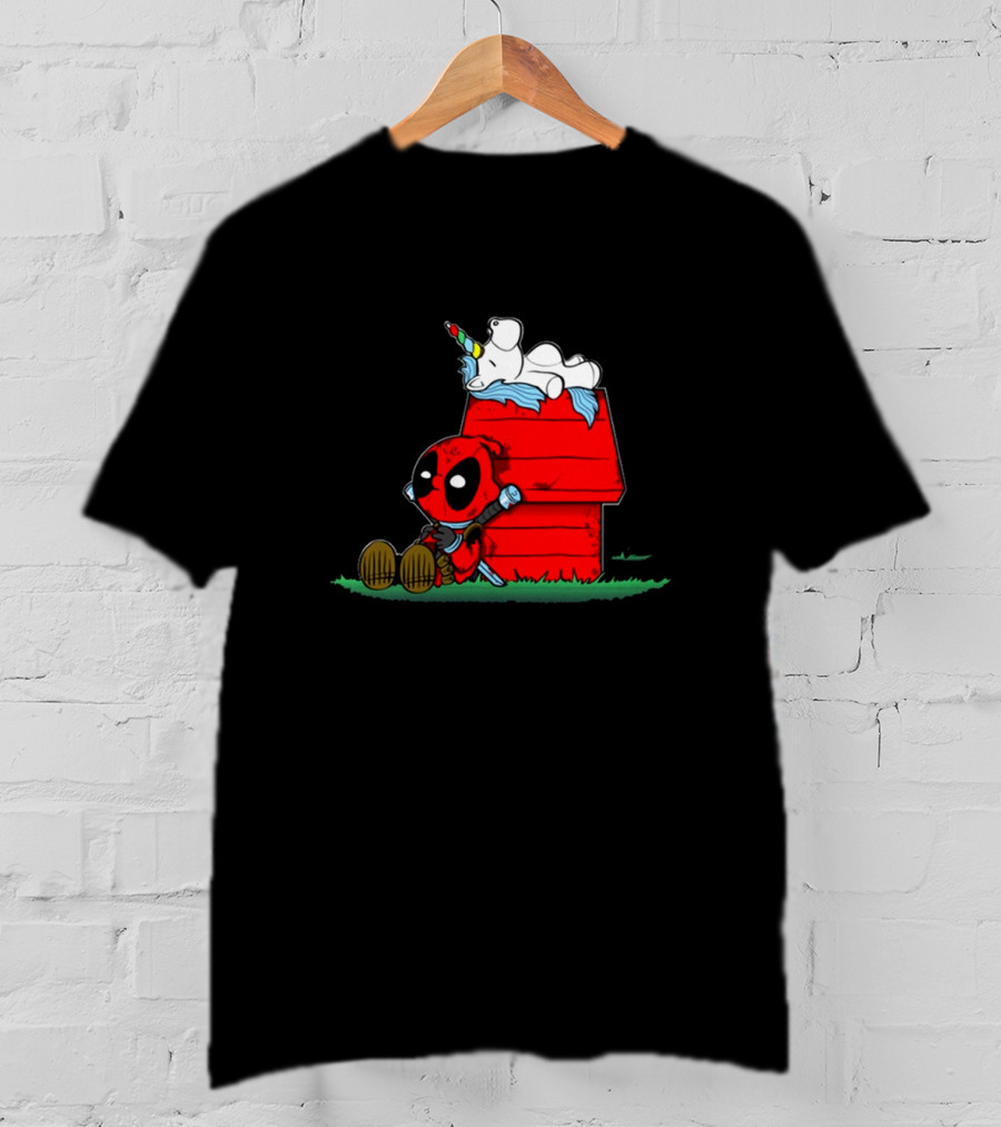 Deadpool And Snoopy Unicorn Crossover On Doghouse With Red And Black Accents T-Shirt