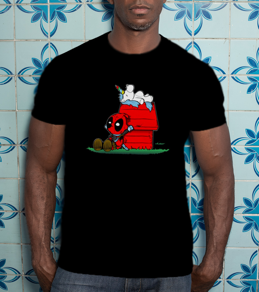 Deadpool And Snoopy Unicorn Crossover On Doghouse With Red And Black Accents T-Shirt
