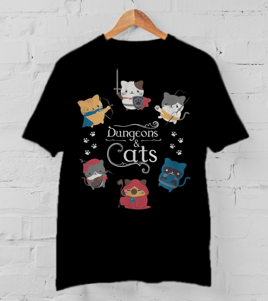 Dungeons And Cats Warrior Archer Mage Cats With Paw Prints Fantasy Adventure T-Shirt
