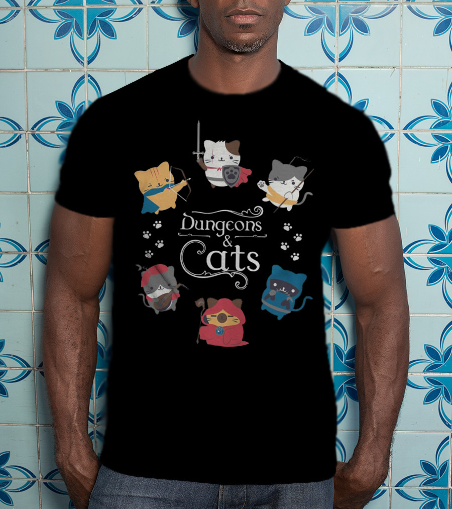 Dungeons And Cats Warrior Archer Mage Cats With Paw Prints Fantasy Adventure T-Shirt