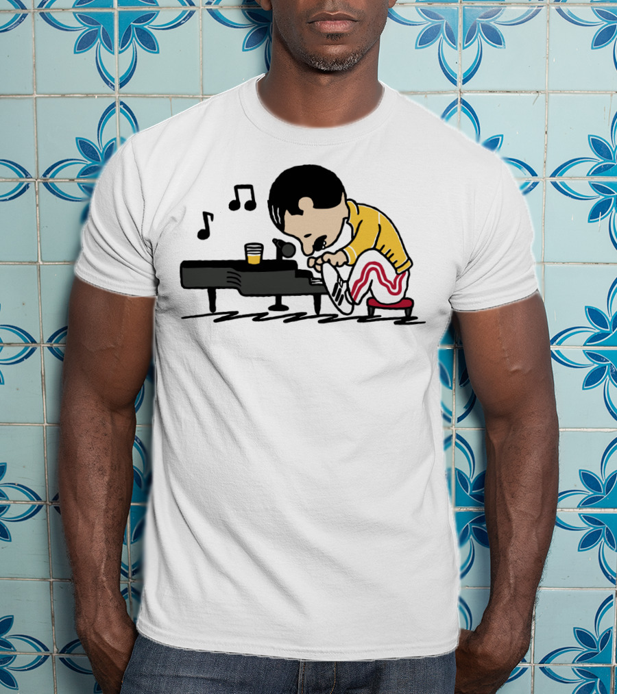 Freddie Mercury Peanuts Piano With Yellow Jacket And Red Stripe Pants T-Shirt