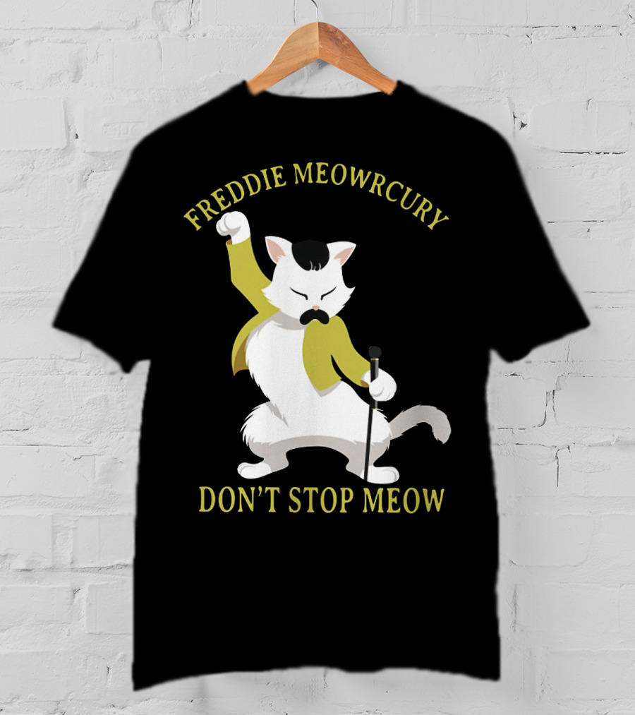 Freddie Meowrcury Don’t Stop Meow Funny Cat Parody With Iconic Pose And Yellow Jacket T-Shirt