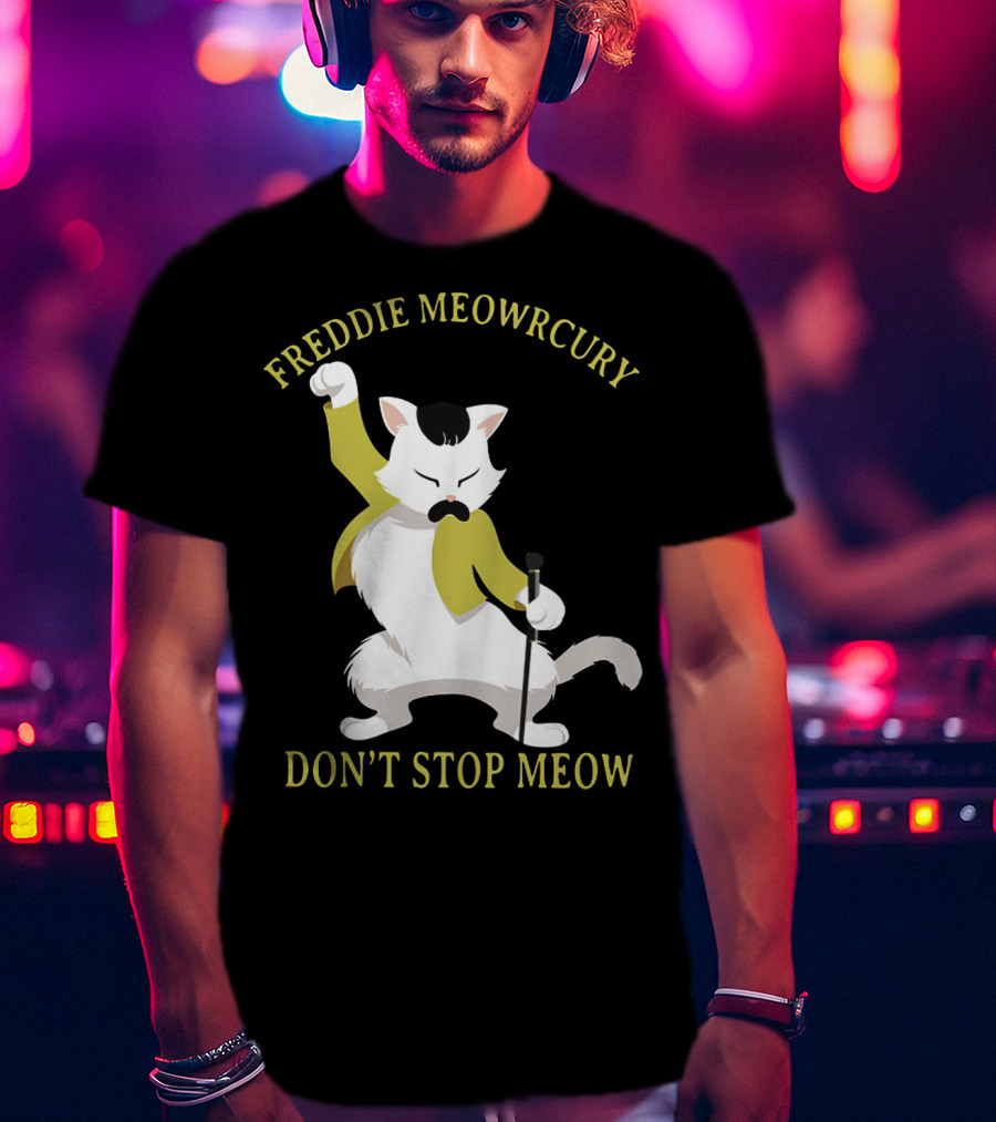 Freddie Meowrcury Don’t Stop Meow Funny Cat Parody With Iconic Pose And Yellow Jacket T-Shirt