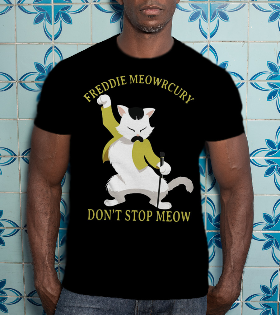 Freddie Meowrcury Don’t Stop Meow Funny Cat Parody With Iconic Pose And Yellow Jacket T-Shirt