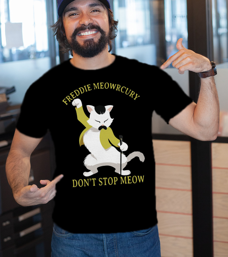 Freddie Meowrcury Don’t Stop Meow Funny Cat Parody With Iconic Pose And Yellow Jacket T-Shirt