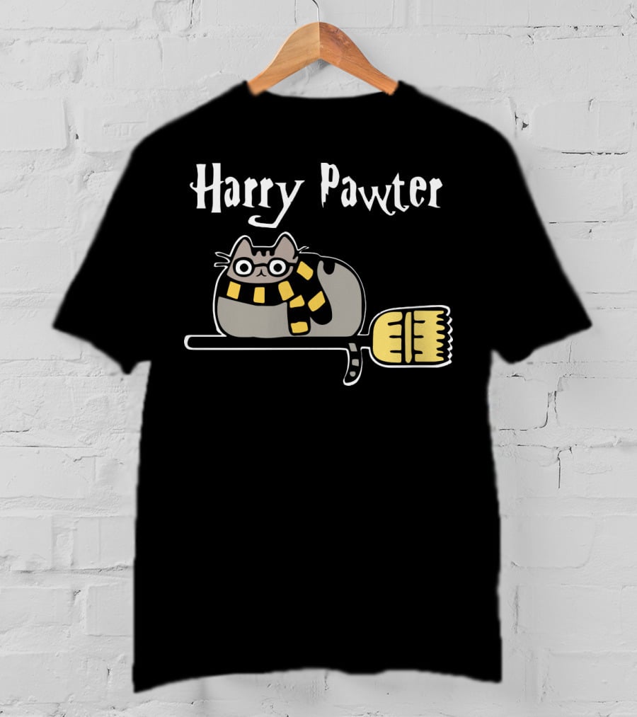 Harry Pawter Pusheen Cat On Broom With Scarf T-Shirt