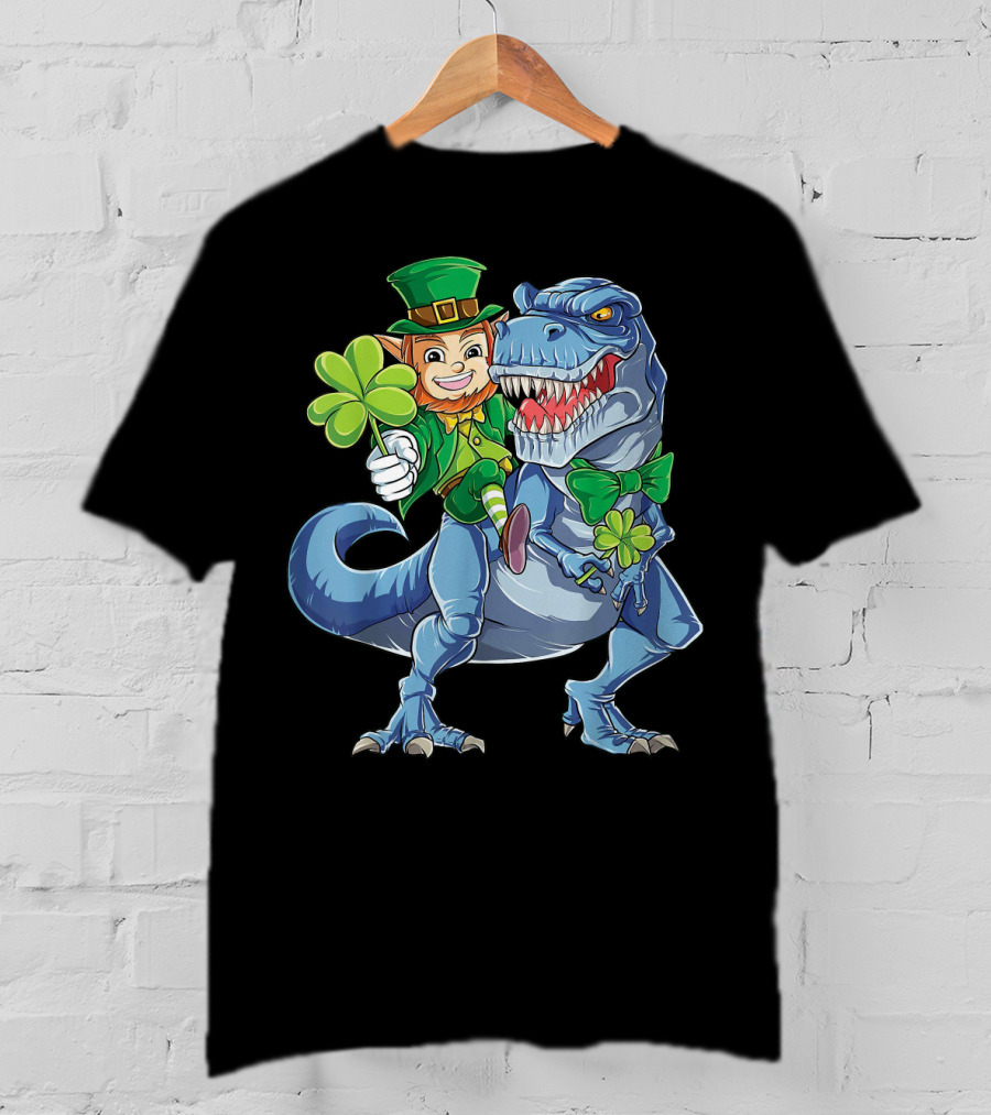 Leprechaun With Shamrock And Bowtie Riding T-Rex Dinosaur T-Shirt