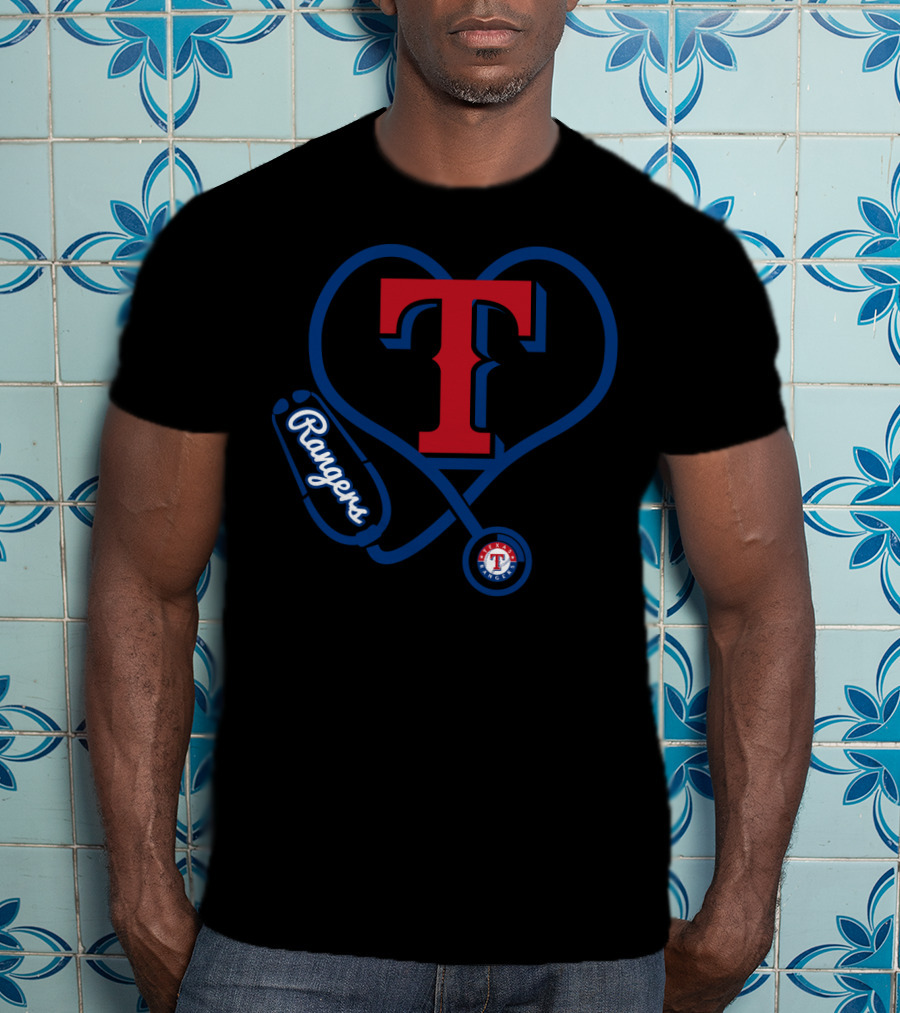 Nurse Heartbeat Texas Rangers Fans T Logo Stethoscope T-Shirt