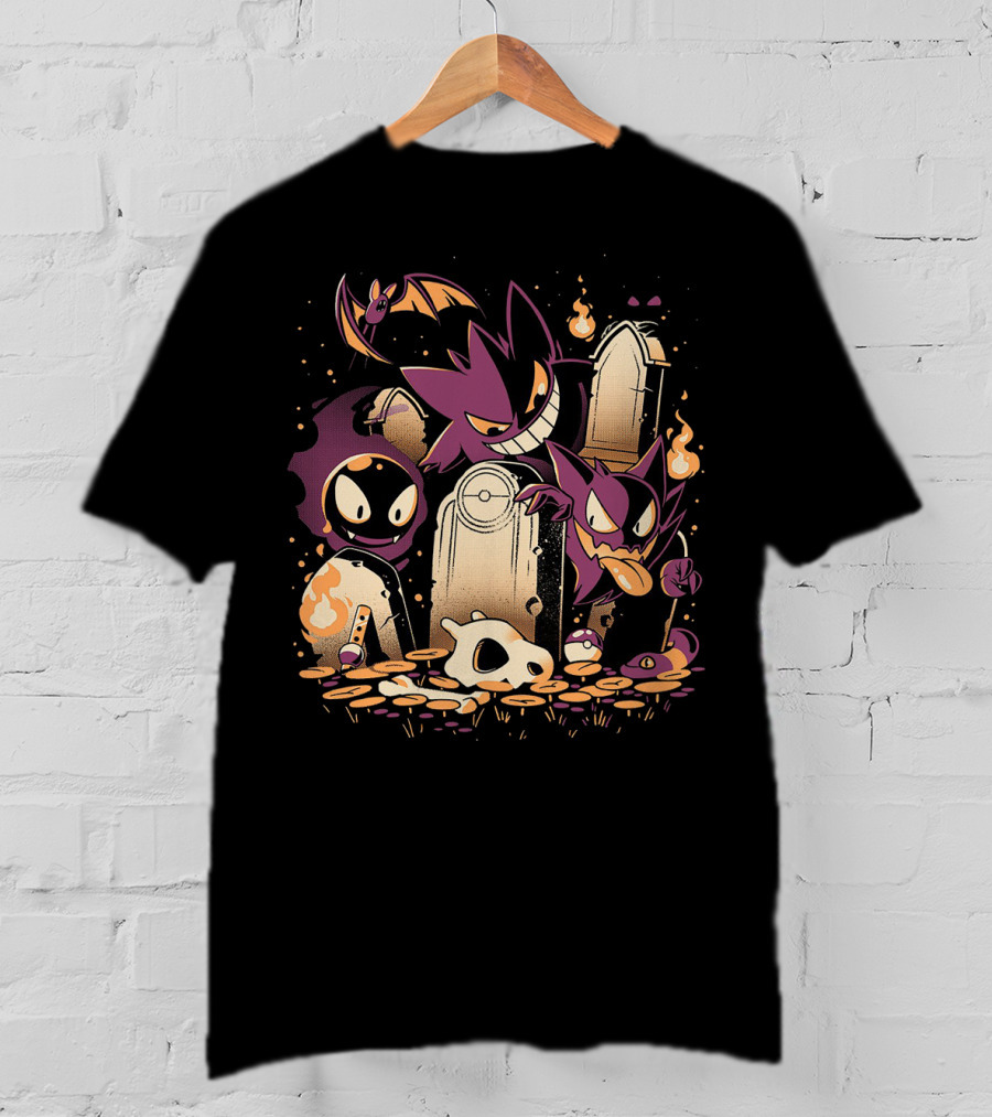 Pokemon Gastly Haunter Gengar Spooky Graveyard Scene With Fire And Skull T-Shirt