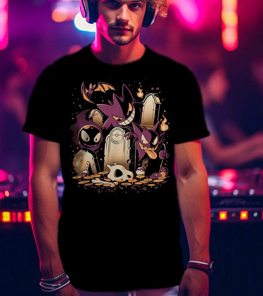 Pokemon Gastly Haunter Gengar Spooky Graveyard Scene With Fire And Skull T-Shirt