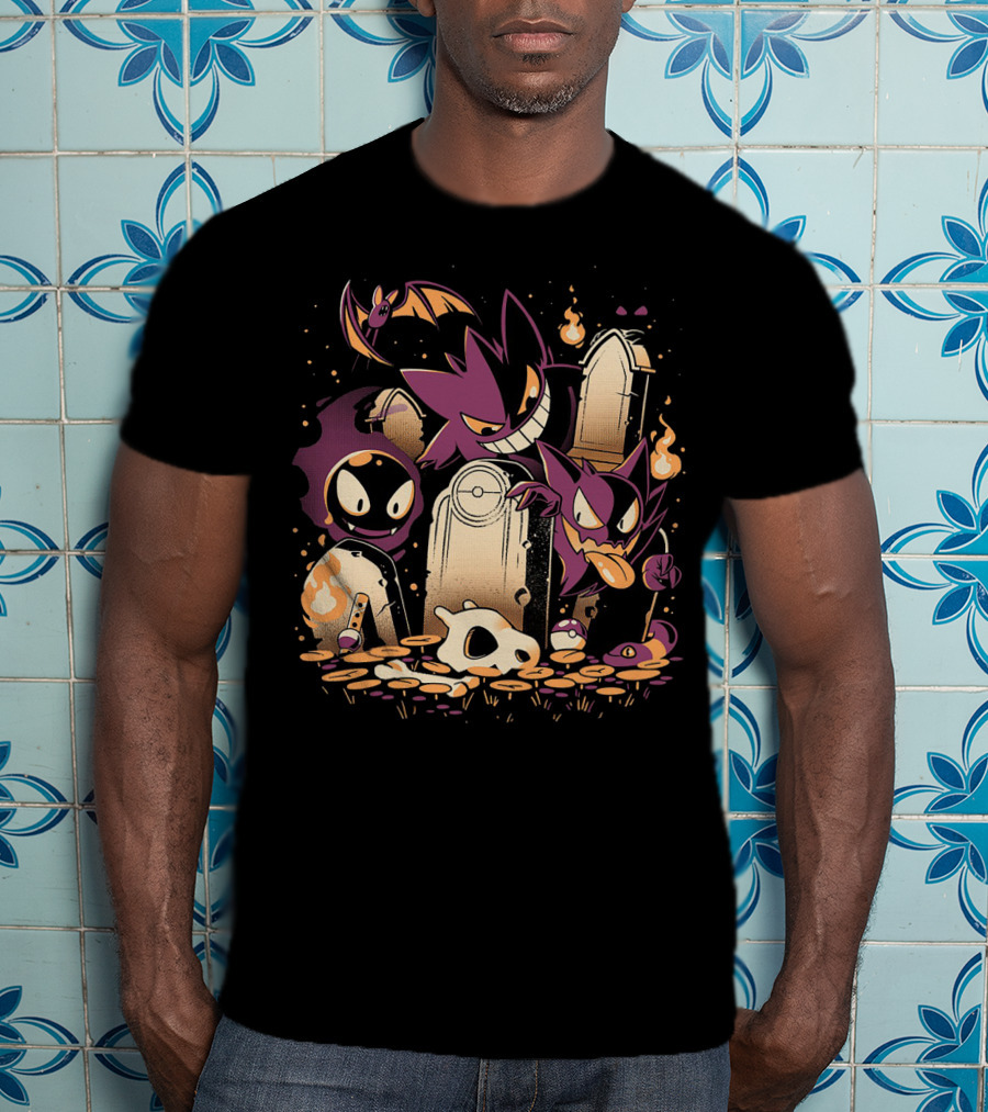Pokemon Gastly Haunter Gengar Spooky Graveyard Scene With Fire And Skull T-Shirt