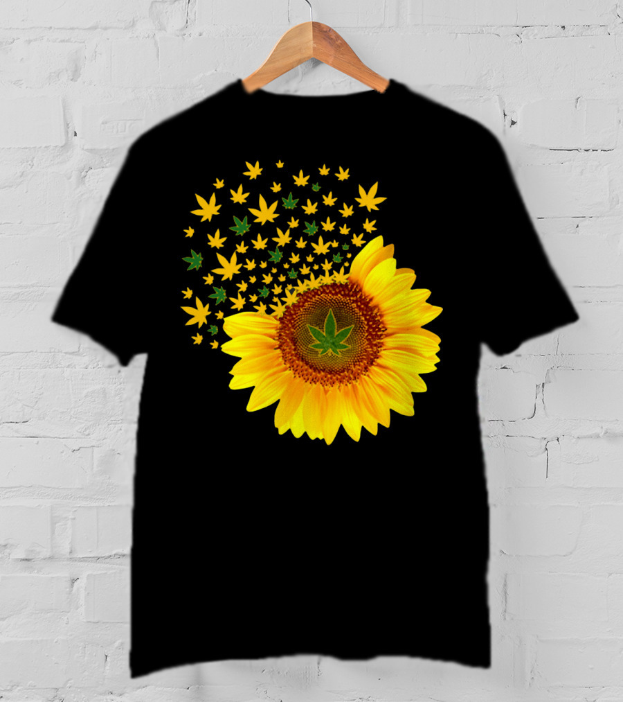 Sunflower With Dispersing Yellow And Green Weed Leaves T-Shirt