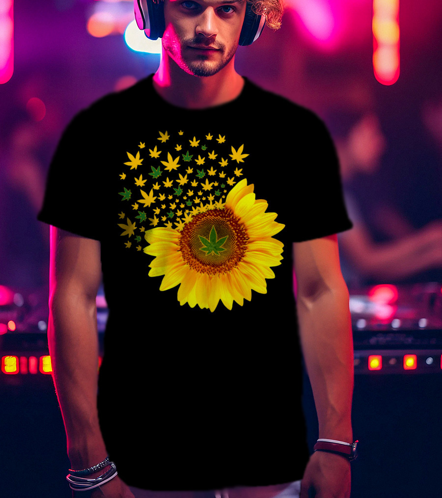 Sunflower With Dispersing Yellow And Green Weed Leaves T-Shirt