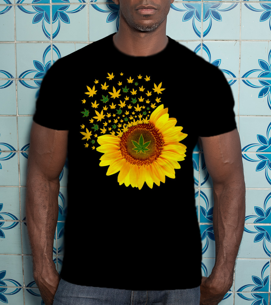 Sunflower With Dispersing Yellow And Green Weed Leaves T-Shirt