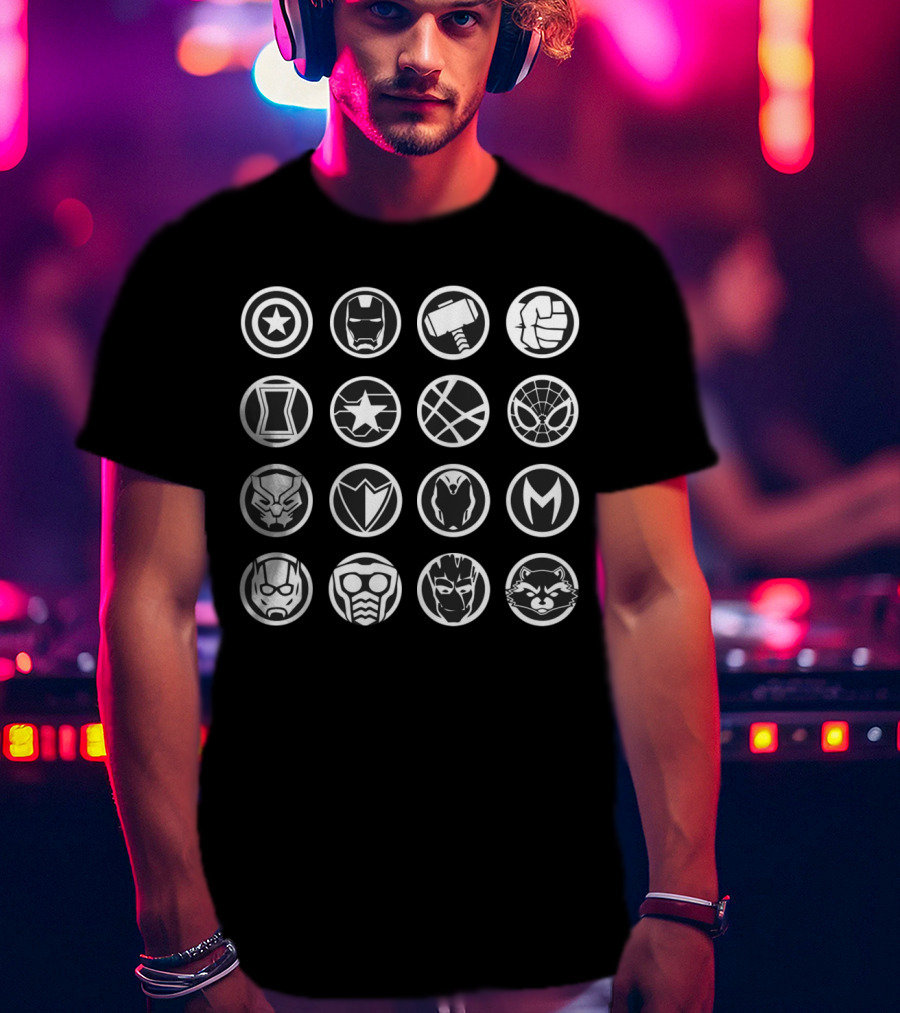 Avengers Infinity War Heroes Icon Captain America Iron Man Thor Hulk Black Widow Star Lord Spider-Man Black Panther Vision Doctor Strange Ant-Man Groot Rocket Raccoon T-Shirt