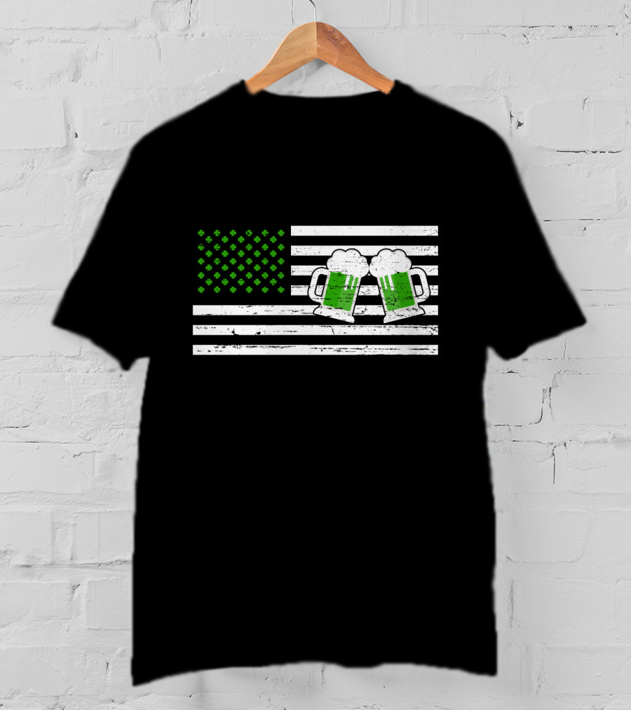 Happy Patrick's Day American Flag With Green Shamrocks And Beer Mugs T-Shirt