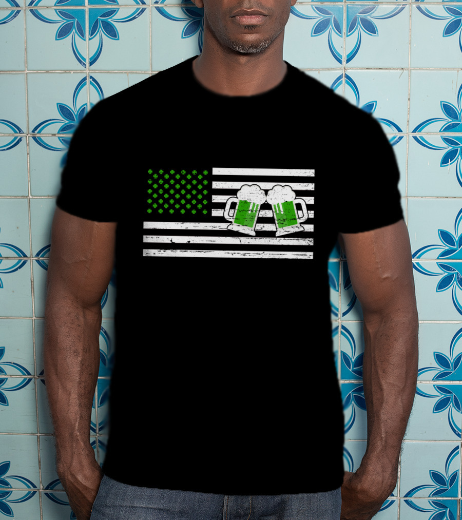 Happy Patrick's Day American Flag With Green Shamrocks And Beer Mugs T-Shirt