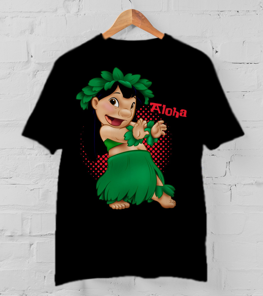 Lilo And Stitch Aloha Lilo Green Hula Dance With Red Polka Dot Background T-Shirt