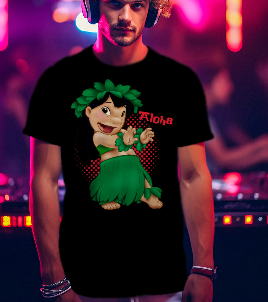 Lilo And Stitch Aloha Lilo Green Hula Dance With Red Polka Dot Background T-Shirt