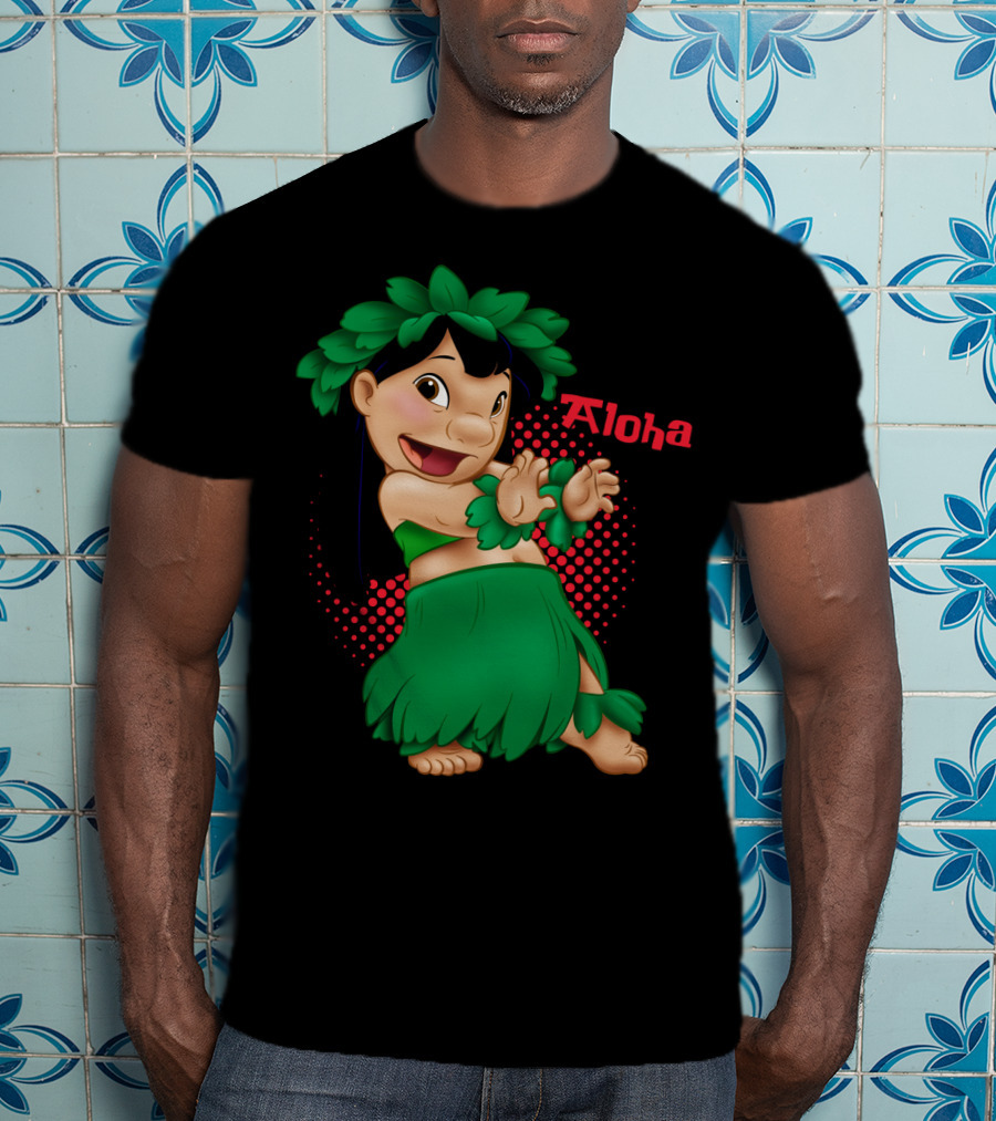 Lilo And Stitch Aloha Lilo Green Hula Dance With Red Polka Dot Background T-Shirt