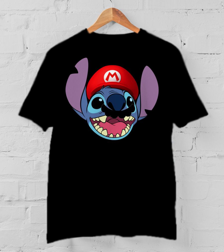Stitch Wearing Mario Hat And Mustache Cartoon Crossover T-Shirt