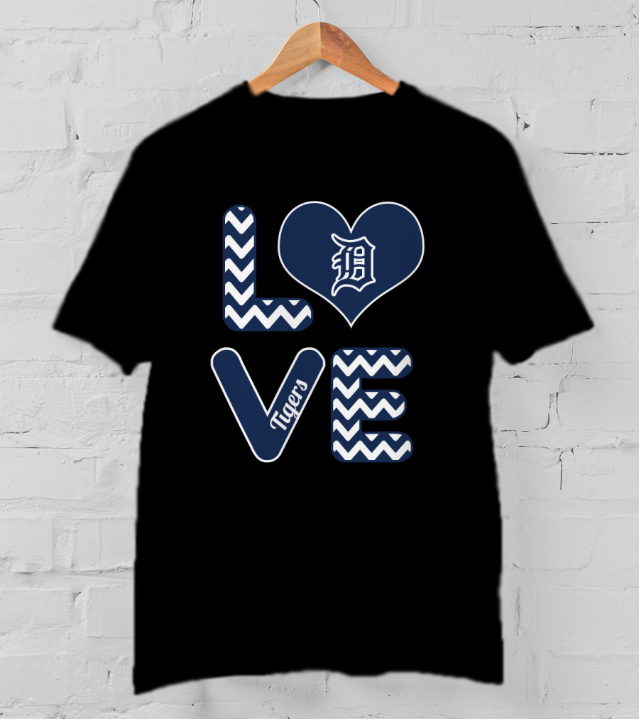 Love Detroit Tigers With Heart Logo And Chevron T-Shirt