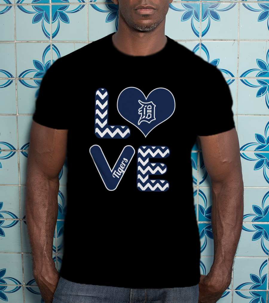 Love Detroit Tigers With Heart Logo And Chevron T-Shirt