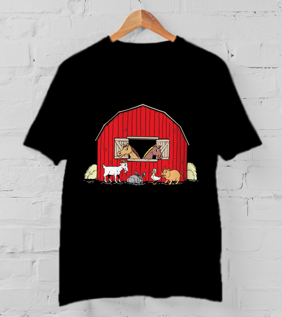 Barnyard Animals Red Barn Horses Pig Goat Duck Scene T-Shirt