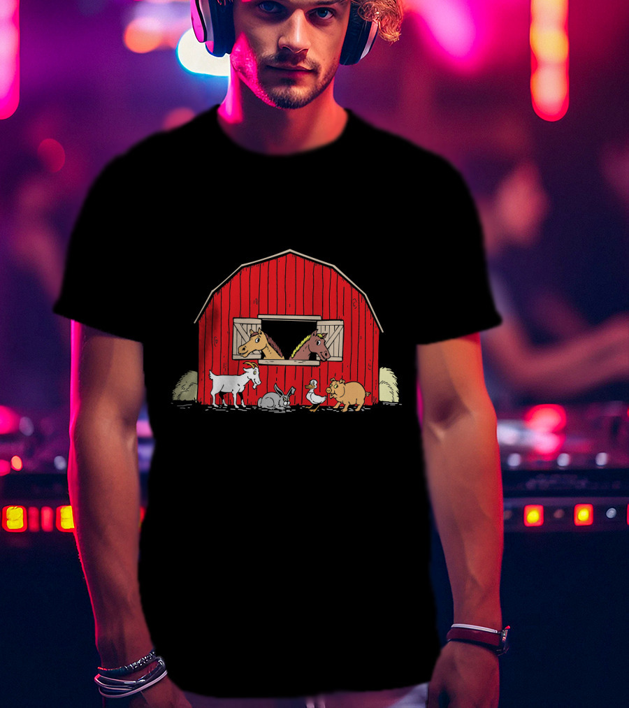 Barnyard Animals Red Barn Horses Pig Goat Duck Scene T-Shirt
