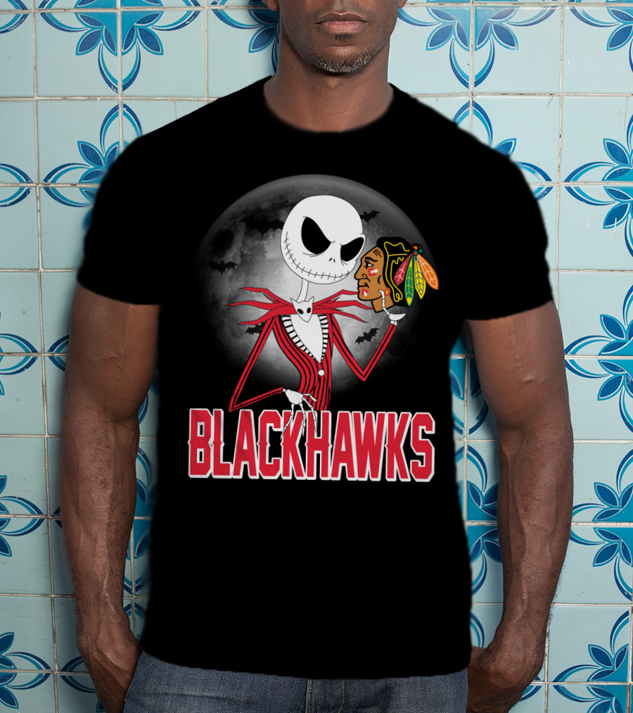 Jack Skellington Halloween Full Moon Chicago Blackhawks Collaboration T-Shirt
