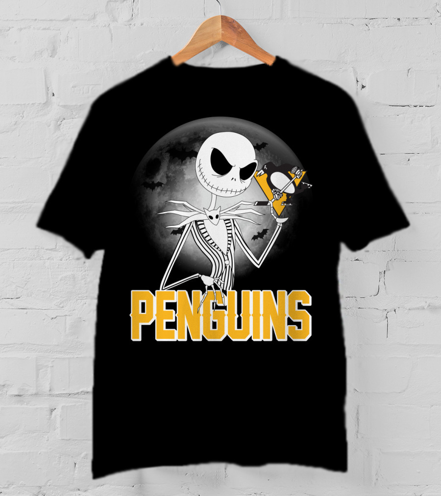 Jack Skellington Halloween Full Moon Penguins Hockey T-Shirt