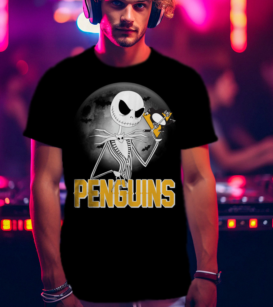 Jack Skellington Halloween Full Moon Penguins Hockey T-Shirt