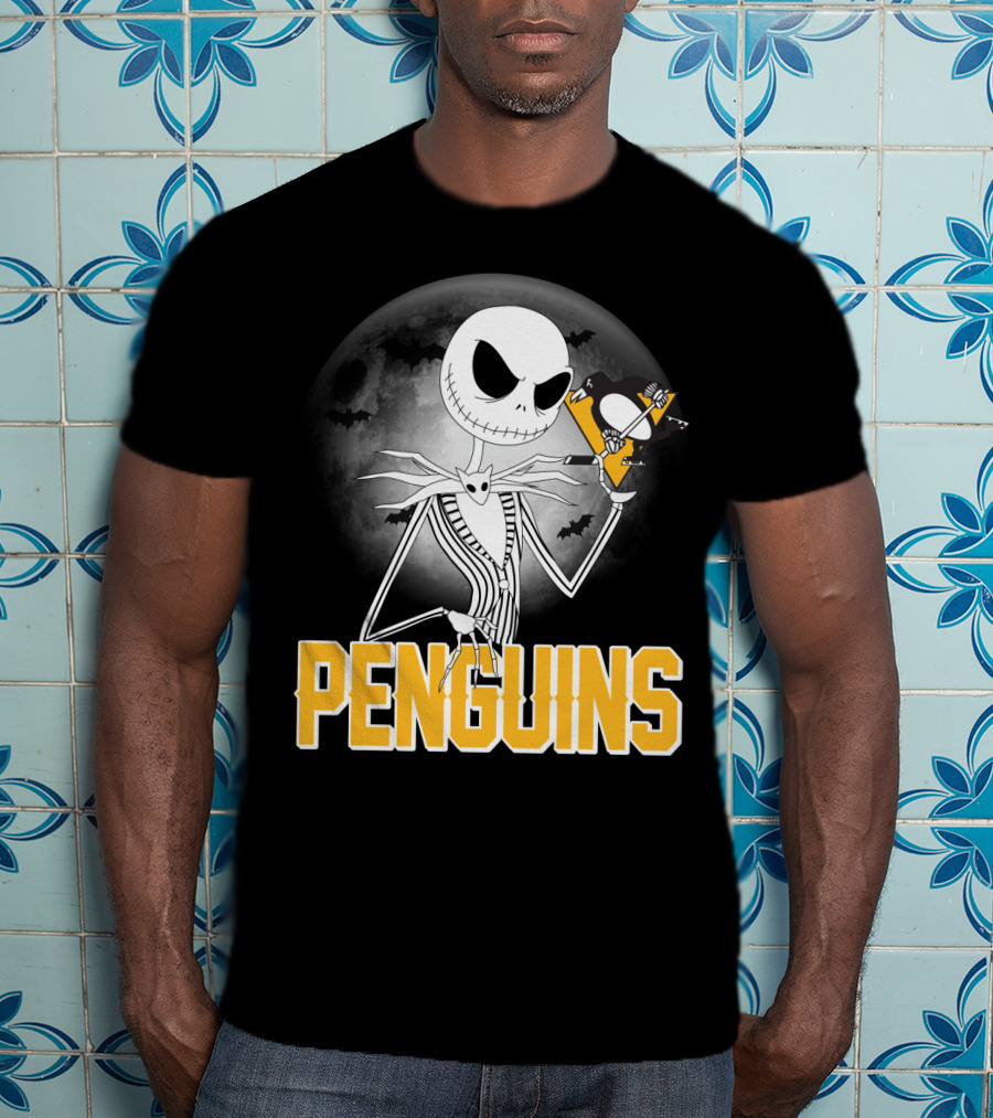 Jack Skellington Halloween Full Moon Penguins Hockey T-Shirt