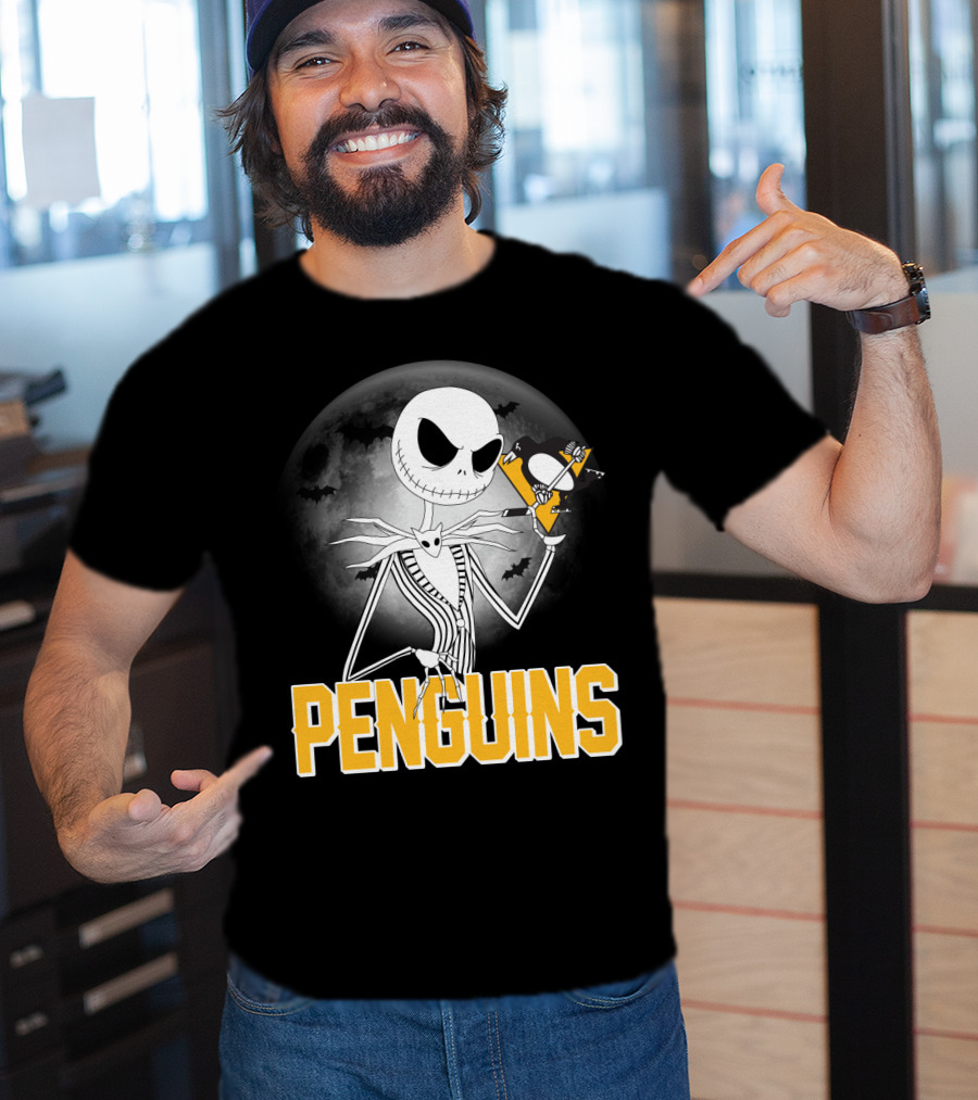 Jack Skellington Halloween Full Moon Penguins Hockey T-Shirt