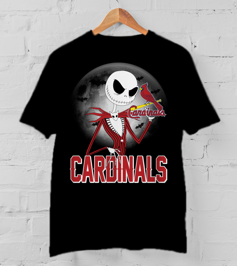 Cardinals Jack Skeleton Halloween St. Louis Cardinals Logo Moon Background T-Shirt