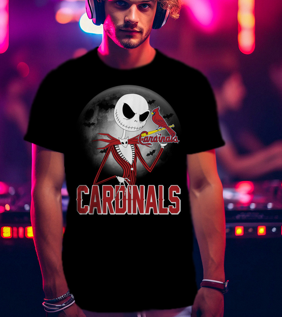 Cardinals Jack Skeleton Halloween St. Louis Cardinals Logo Moon Background T-Shirt