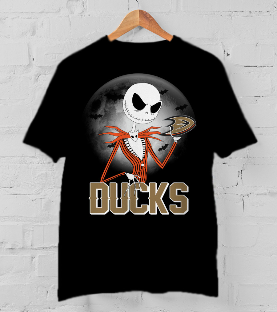 Jack Skellington Anaheim Ducks Halloween Moon And Bats T-Shirt