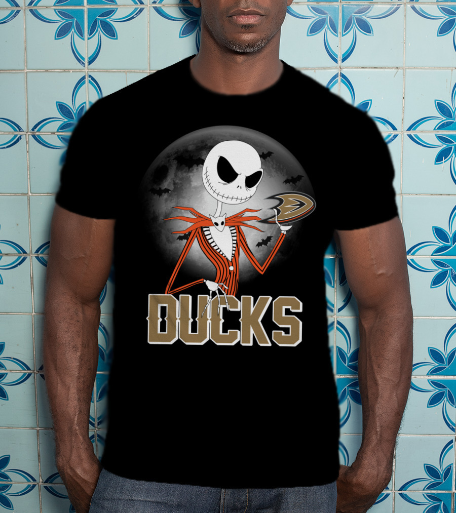 Jack Skellington Anaheim Ducks Halloween Moon And Bats T-Shirt