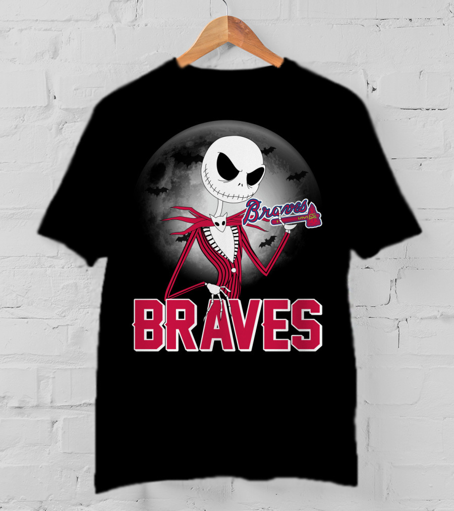 Jack Skellington Braves Halloween With Atlanta Baseball Moon And Bats T-Shirt