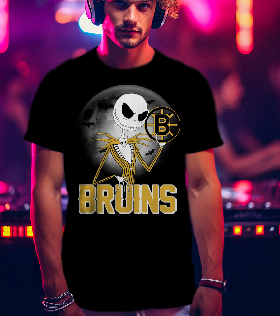 Jack Skellington Halloween Boston Bruins Moon And Bats T-Shirt