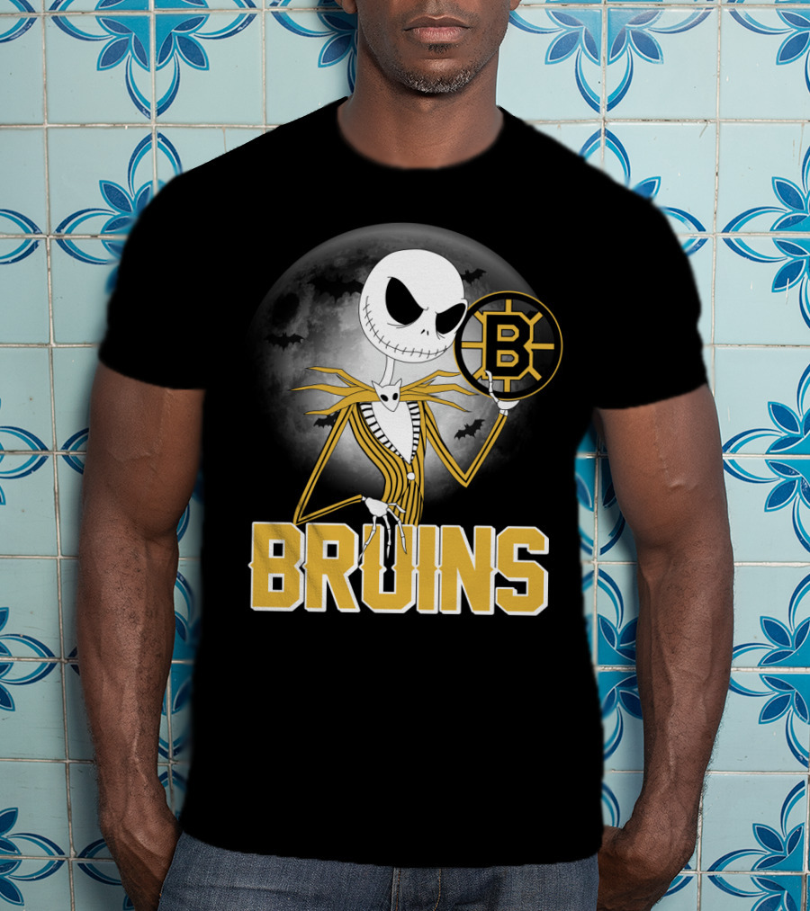 Jack Skellington Halloween Boston Bruins Moon And Bats T-Shirt