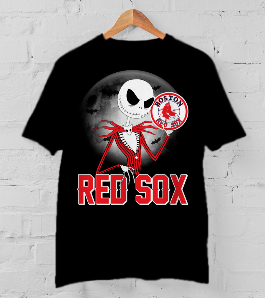 Jack Skellington Holding Boston Red Sox Logo With Halloween Moon Background T-Shirt