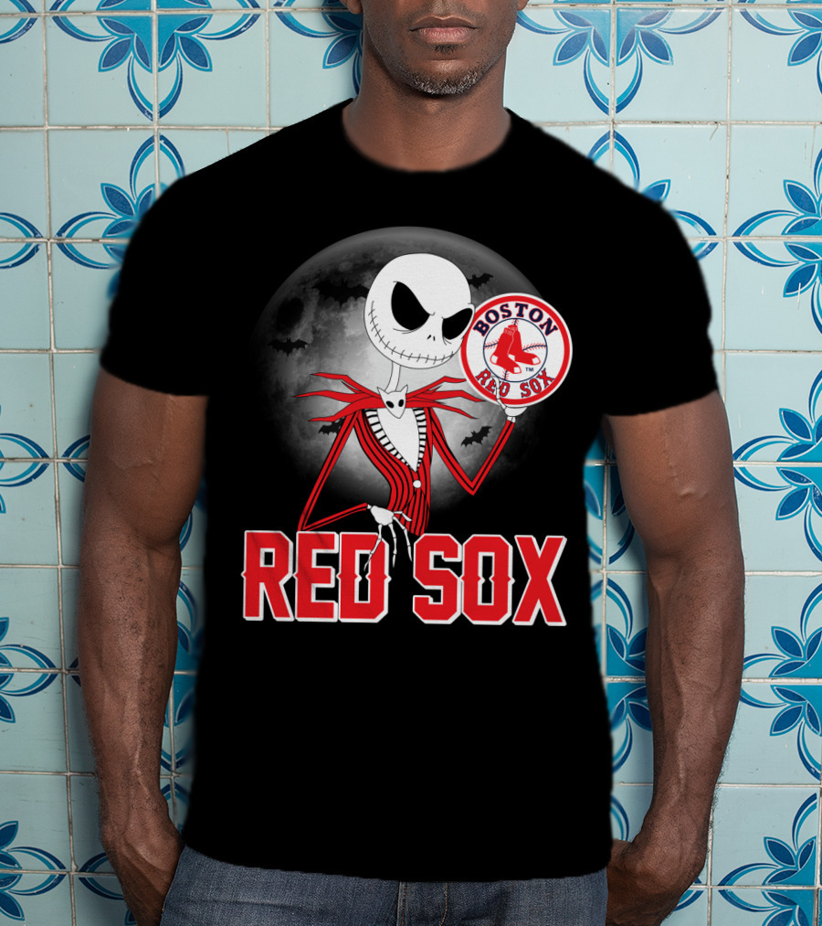 Jack Skellington Holding Boston Red Sox Logo With Halloween Moon Background T-Shirt