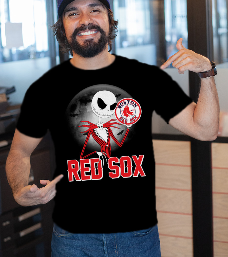 Jack Skellington Holding Boston Red Sox Logo With Halloween Moon Background T-Shirt
