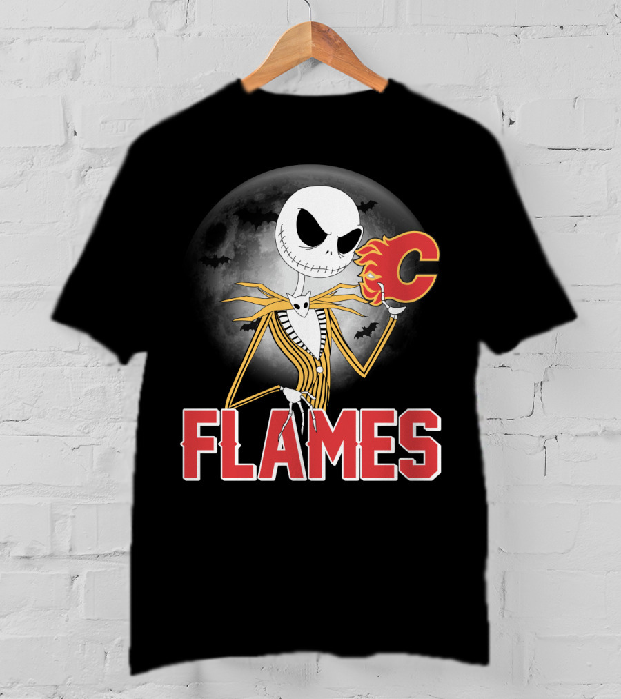 Jack Skellington Flames Halloween Calgary Hockey Crossover T-Shirt