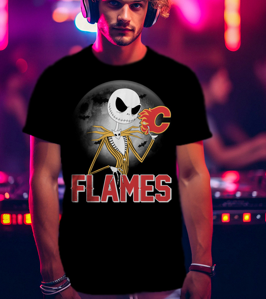Jack Skellington Flames Halloween Calgary Hockey Crossover T-Shirt